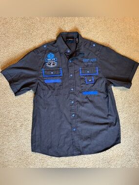 Red Ape Short Sleeve Button Up Mechanic Shirt Black Pockets Youth Size Lg 14/16